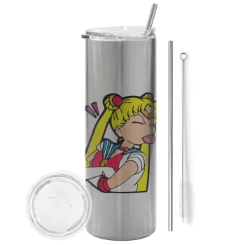 Sailor Moon, Tumbler stainless steel Silver 600ml, with metal straw & cleaning brush