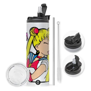 Sailor Moon, Travel Tumbler θερμό με διπλό καπάκι, μεταλλικό καλαμάκι και βούρτσα καθαρισμού (Ανωξείδωτο 304 Food grade, BPA free, 600ml)