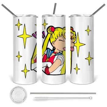 Sailor Moon, Tumbler ποτήρι θερμό από ανοξείδωτο ατσάλι 600ml, με μεταλλικό καλαμάκι & βούρτσα καθαρισμού