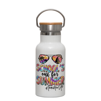 School's Out For Summer Teacher Life, Metallic thermos (Stainless steel) White with wooden lid (bamboo), double-walled, 350ml