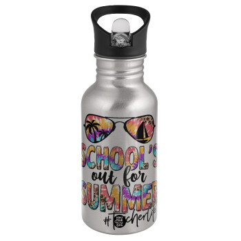 School's Out For Summer Teacher Life, Water bottle Silver with straw, stainless steel 500ml