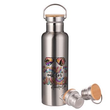 School's Out For Summer Teacher Life, Stainless steel Silver with wooden lid (bamboo), double wall, 750ml
