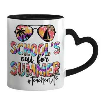 School's Out For Summer Teacher Life, Κούπα καρδιά χερούλι μαύρη, κεραμική, 330ml