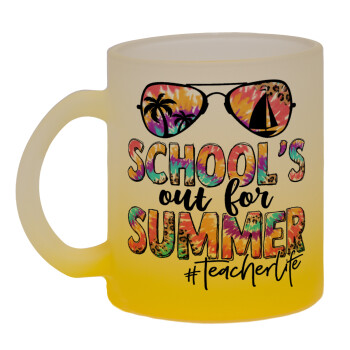 School's Out For Summer Teacher Life, Κούπα γυάλινη δίχρωμη με βάση το κίτρινο ματ, 330ml