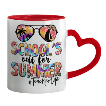 School's Out For Summer Teacher Life, Κούπα καρδιά χερούλι κόκκινη, κεραμική, 330ml