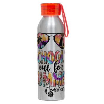 School's Out For Summer Teacher Life, Aluminum Sports Bottle 650ml – Silver with Red Cap and Silicone Strap