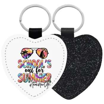 School's Out For Summer Teacher Life, Μπρελόκ PU δερμάτινο glitter καρδιά ΜΑΥΡΟ