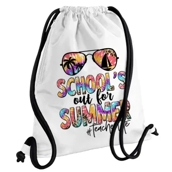 School's Out For Summer Teacher Life, Τσάντα πλάτης πουγκί GYMBAG λευκή, με τσέπη (40x48cm) & χονδρά κορδόνια