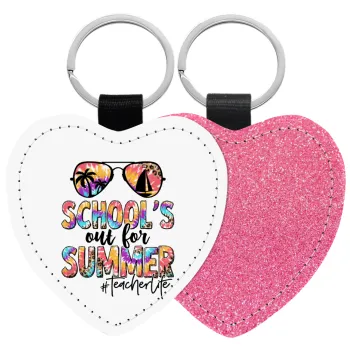 School's Out For Summer Teacher Life, Μπρελόκ PU δερμάτινο glitter καρδιά ΡΟΖ