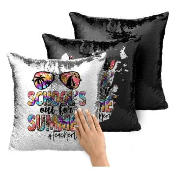 School's Out For Summer Teacher Life, Μαξιλάρι καναπέ Μαγικό Μαύρο με πούλιες 40x40cm περιέχεται το γέμισμα