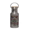 Stainless steel metallic thermos flask, silver with a bamboo lid, double-walled, 350ml.