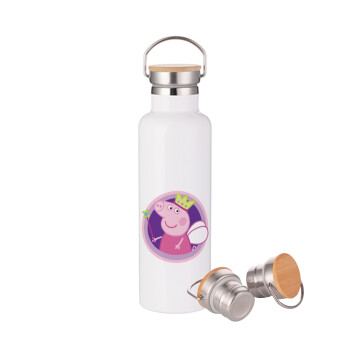 Peppa pig Queen, Stainless steel White with wooden lid (bamboo), double wall, 750ml