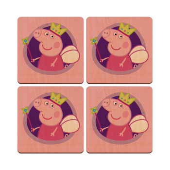 Peppa pig Queen, ΣΕΤ x4 Σουβέρ ξύλινα τετράγωνα plywood (9cm)