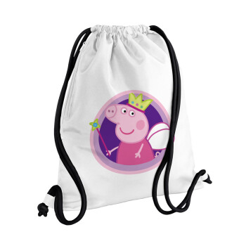 Peppa pig Queen, Τσάντα πλάτης πουγκί GYMBAG λευκή, με τσέπη (40x48cm) & χονδρά κορδόνια