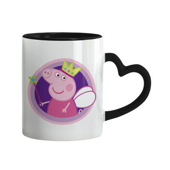 Peppa pig Queen, Κούπα καρδιά χερούλι μαύρη, κεραμική, 330ml