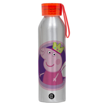 Peppa pig Queen, Αλουμινένιο Αθλητικό Μπουκάλι 650ml – Ασημί με Κόκκινο Καπάκι και Λουράκι Σιλικόνης