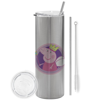 Peppa pig Queen, Eco friendly stainless steel Silver tumbler 600ml, with metal straw & cleaning brush