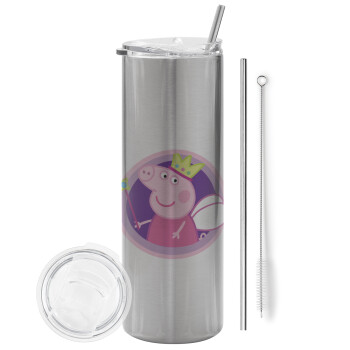 Peppa pig Queen, Tumbler stainless steel Silver 600ml, with metal straw & cleaning brush