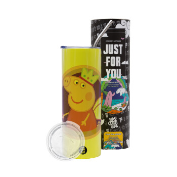 Peppa pig Queen, Neon Yellow Travel Tumbler, with metal straw (Stainless steel 304 Food grade, BPA free, 600ml)