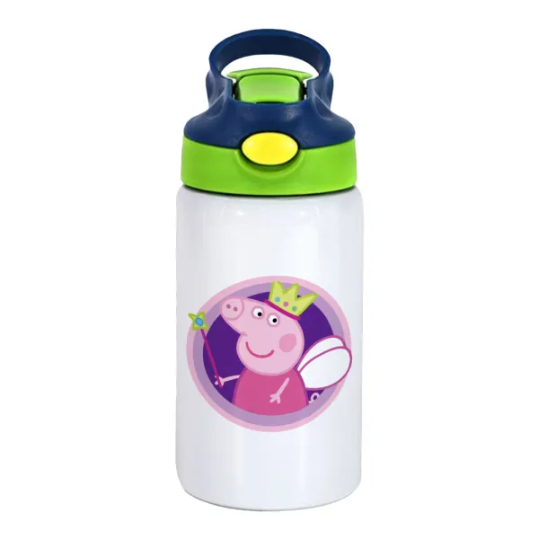 Peppa pig Queen — Παιδικό παγούρι θερμό, ανοξείδωτο, με καλαμάκι ασφαλείας, πράσινο/μπλε (350ml)