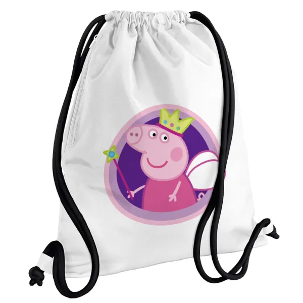 Peppa pig Queen — Τσάντα πλάτης πουγκί GYMBAG λευκή, με τσέπη (40x48cm) & χονδρά κορδόνια