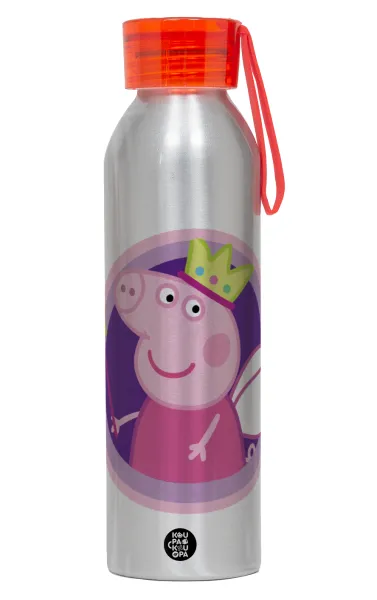 Peppa pig Queen — Αλουμινένιο Αθλητικό Μπουκάλι 650ml – Ασημί με Κόκκινο Καπάκι και Λουράκι Σιλικόνης
