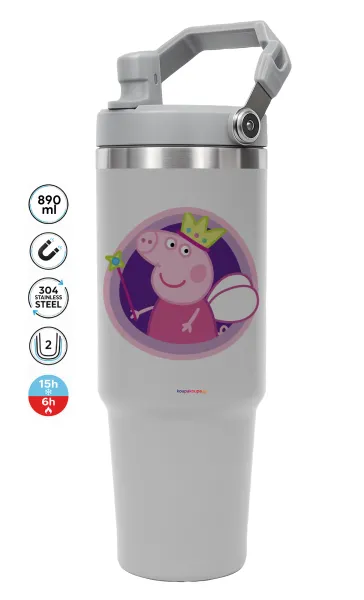 Peppa pig Queen — ΓΚΡΙ Travel Tumbler Θερμός με χερούλι και καλαμάκι 890ml