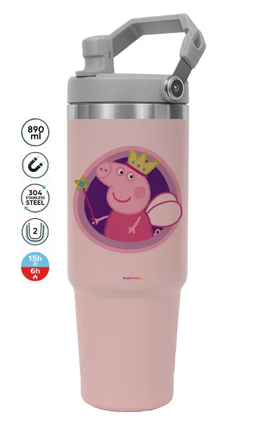 Peppa pig Queen — ΡΟΖ Travel Tumbler Θερμός με χερούλι και καλαμάκι 890ml