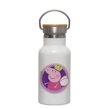 Peppa pig Queen, Μεταλλικό παγούρι θερμός (Stainless steel) Λευκό με ξύλινο καπακι (bamboo), διπλού τοιχώματος, 350ml