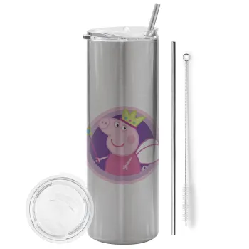 Peppa pig Queen, Tumbler stainless steel Silver 600ml, with metal straw & cleaning brush