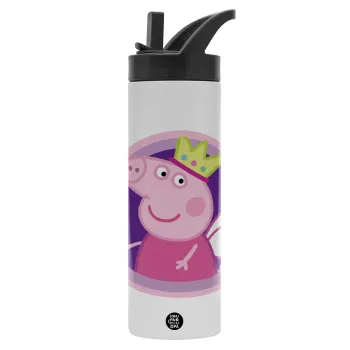 Peppa pig Queen, Μεταλλικό παγούρι θερμός με καλαμάκι & χειρολαβή, ανοξείδωτο ατσάλι (Stainless steel 304), διπλού τοιχώματος, 600ml
