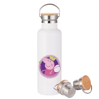 Peppa pig Queen, Stainless steel White with wooden lid (bamboo), double wall, 750ml