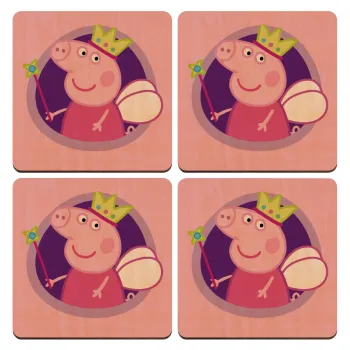 Peppa pig Queen, ΣΕΤ x4 Σουβέρ ξύλινα τετράγωνα plywood (9cm)