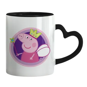 Peppa pig Queen, Κούπα καρδιά χερούλι μαύρη, κεραμική, 330ml
