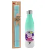 Easter Set, Metallic green/white thermos (Stainless steel), double-walled, 500ml & scented flat Easter candle (30cm) (TURQUOISE)