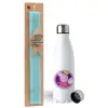 Easter Set, metallic stainless steel water bottle (750ml) & aromatic flat Easter candle (30cm) (TURQUOISE)