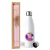 Easter Set, metallic stainless steel water bottle (750ml) & scented flat Easter candle (30cm) (PINK)