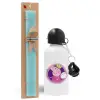 Easter Set, metallic aluminum water bottle (500ml) & scented flat candle (30cm) (TURQUOISE)