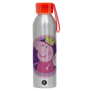 Peppa pig Queen, Αλουμινένιο Αθλητικό Μπουκάλι 650ml – Ασημί με Κόκκινο Καπάκι και Λουράκι Σιλικόνης