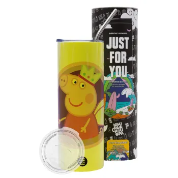 Peppa pig Queen, Neon Yellow Travel Tumbler θερμό, μεταλλικό καλαμάκι(Ανωξείδωτο 304 Food grade, BPA free, 600ml)