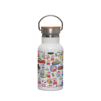 Peppa pig Characters, Μεταλλικό παγούρι θερμός (Stainless steel) Λευκό με ξύλινο καπακι (bamboo), διπλού τοιχώματος, 350ml