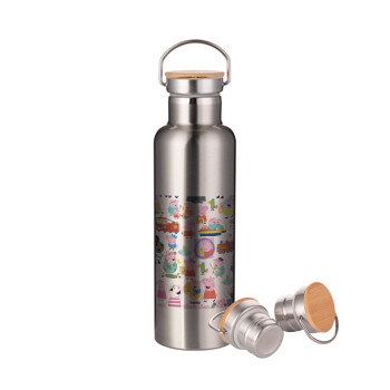 Peppa pig Characters, Stainless steel Silver with wooden lid (bamboo), double wall, 750ml