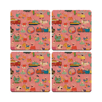 Peppa pig Characters, ΣΕΤ x4 Σουβέρ ξύλινα τετράγωνα plywood (9cm)