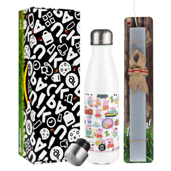 Peppa pig Characters, Easter candle, metallic white thermos bottle (500ml) & aromatic flat candle (30cm) (GRAY)