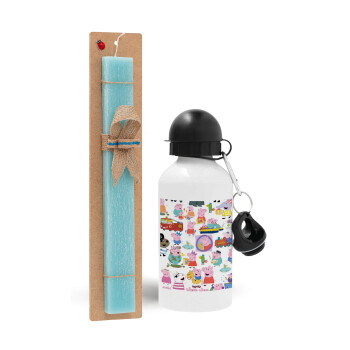 Peppa pig Characters, Easter Set, metallic aluminum water bottle (500ml) & scented flat candle (30cm) (TURQUOISE)