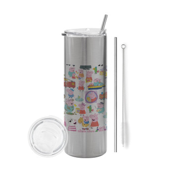 Peppa pig Characters, Eco friendly stainless steel Silver tumbler 600ml, with metal straw & cleaning brush