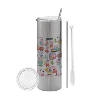 Peppa pig Characters, Tumbler stainless steel Silver 600ml, with metal straw & cleaning brush