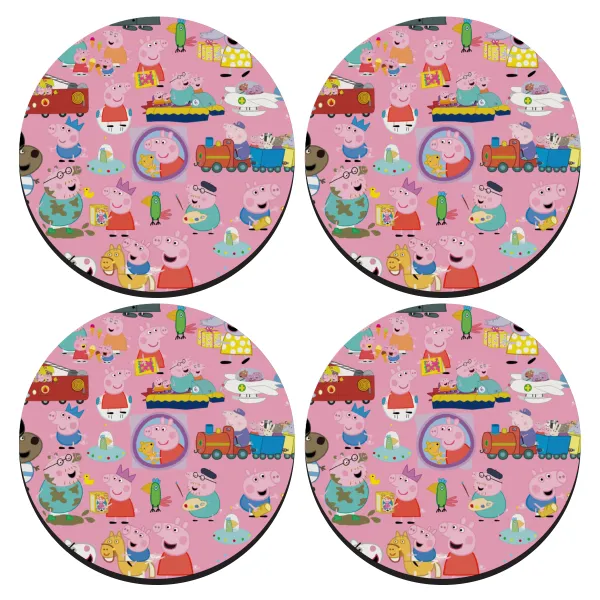 Peppa pig Characters — ΣΕΤ 4 Σουβέρ ξύλινα στρογγυλά (9cm)