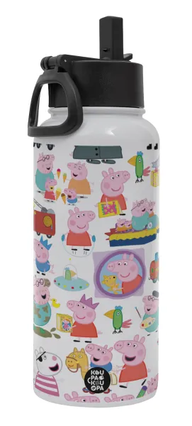 Peppa pig Characters — Μεταλλικό παγούρι θερμός Λευκό με καλαμάκι και χερούλι (Stainless steel), διπλού τοιχώματος, 950ml
