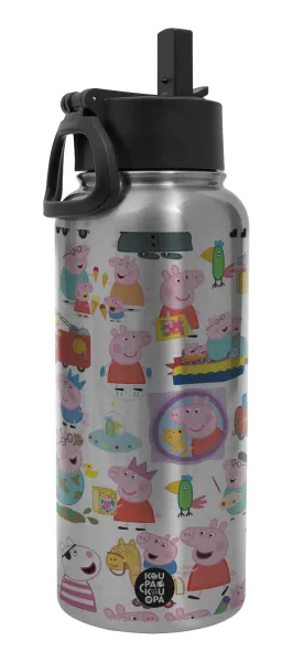 Peppa pig Characters — Μεταλλικό παγούρι θερμός Silver με καλαμάκι και χερούλι (Stainless steel), διπλού τοιχώματος, 950ml